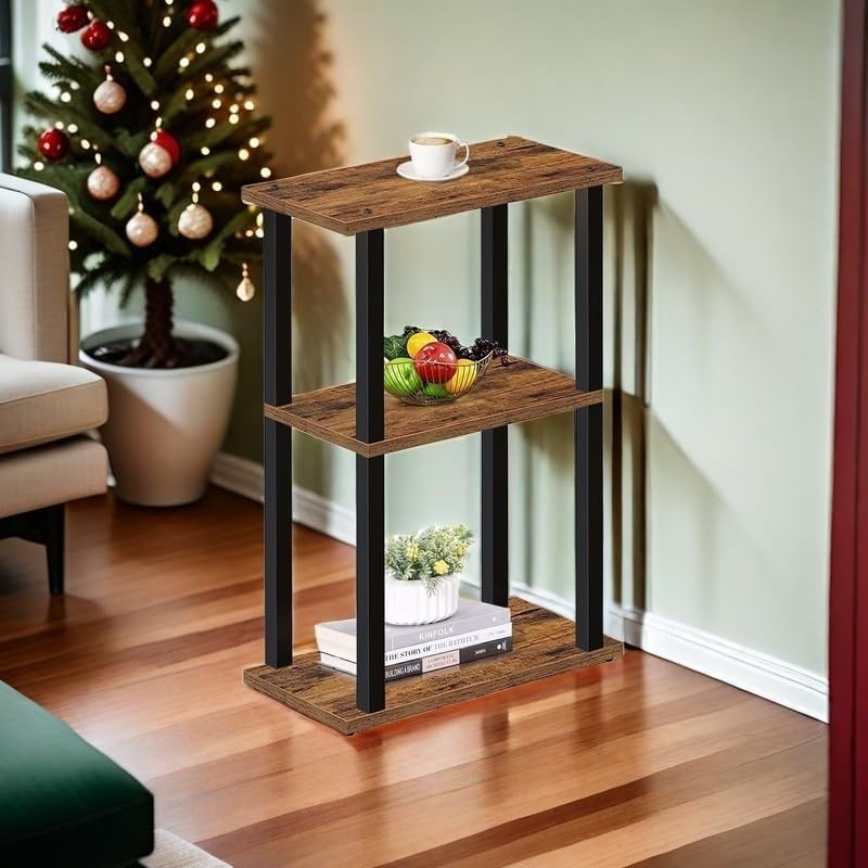 Narrow Small Side Table with Wheels & 3-Tier Storage, Adjustable Feet, Brown