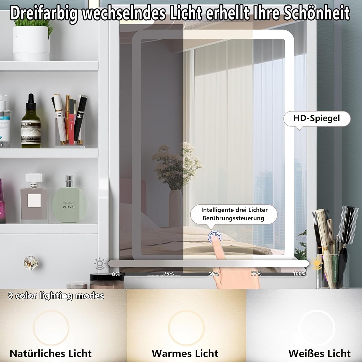 Dressing Table w/Sliding Mirror LED Lights 3 Drawers Makeup Vanity Desk White