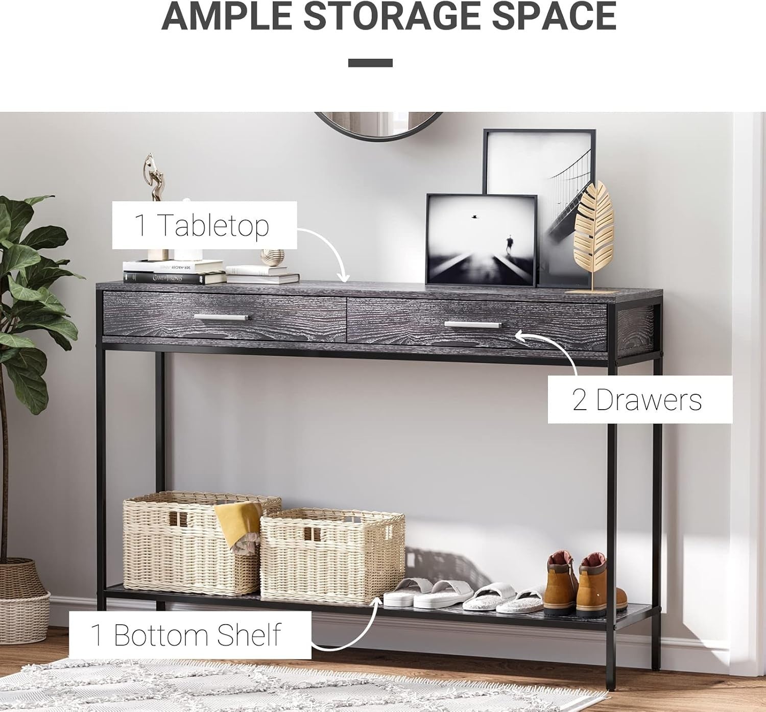 Minimalist Grey Console Table with 2 Drawers & Bottom Shelf – Durable Storage