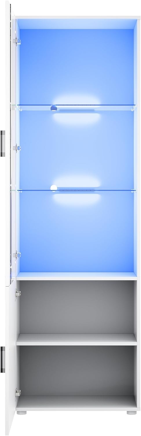 Tall LED Display Cabinet in White High Gloss with Glass Shelves 187cm