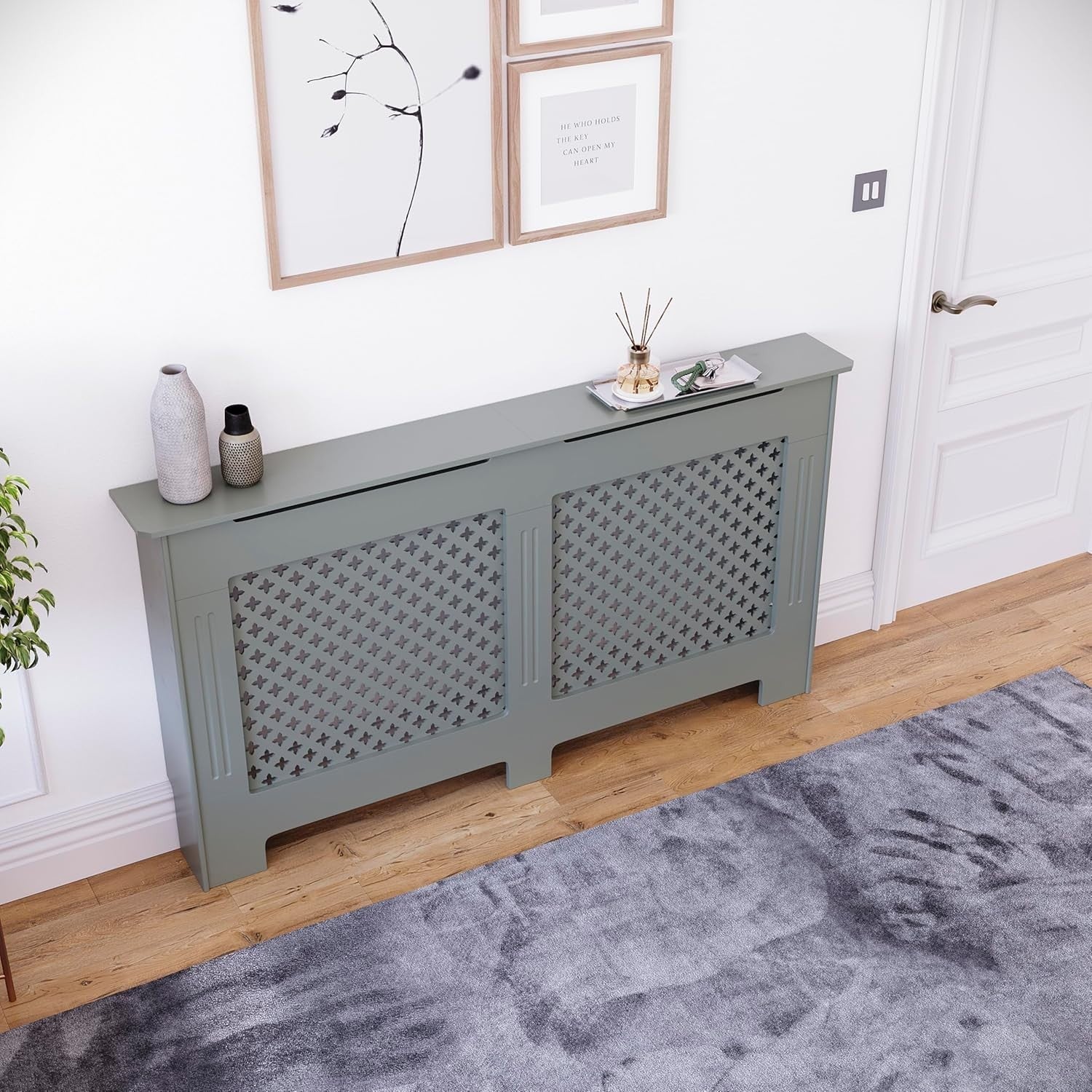 Olive Grey Radiator Cover Large Cross Design MDF Painted Modern Heat Efficient