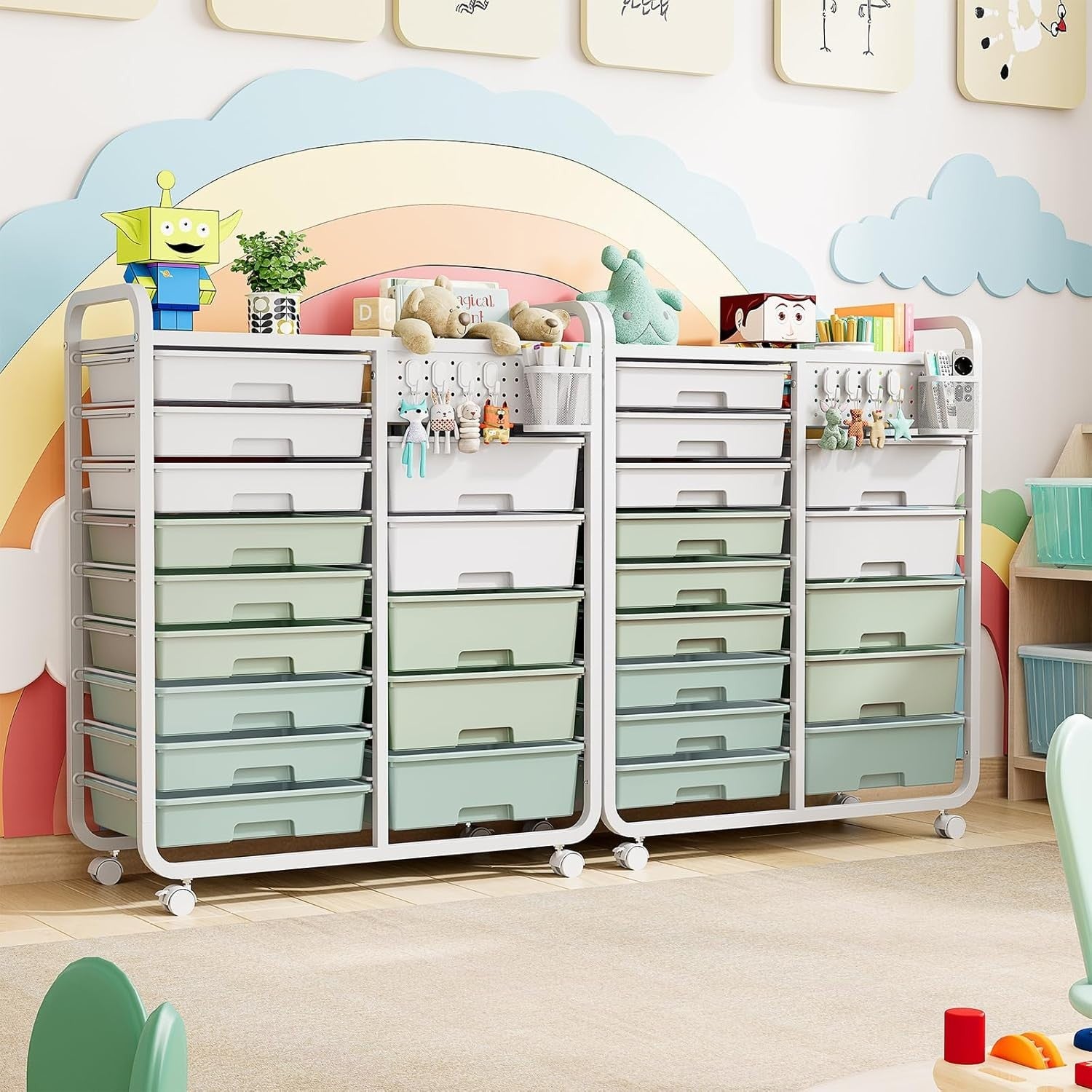 14 Drawer Craft Storage Cart Rolling Organizer with Pegboard Green