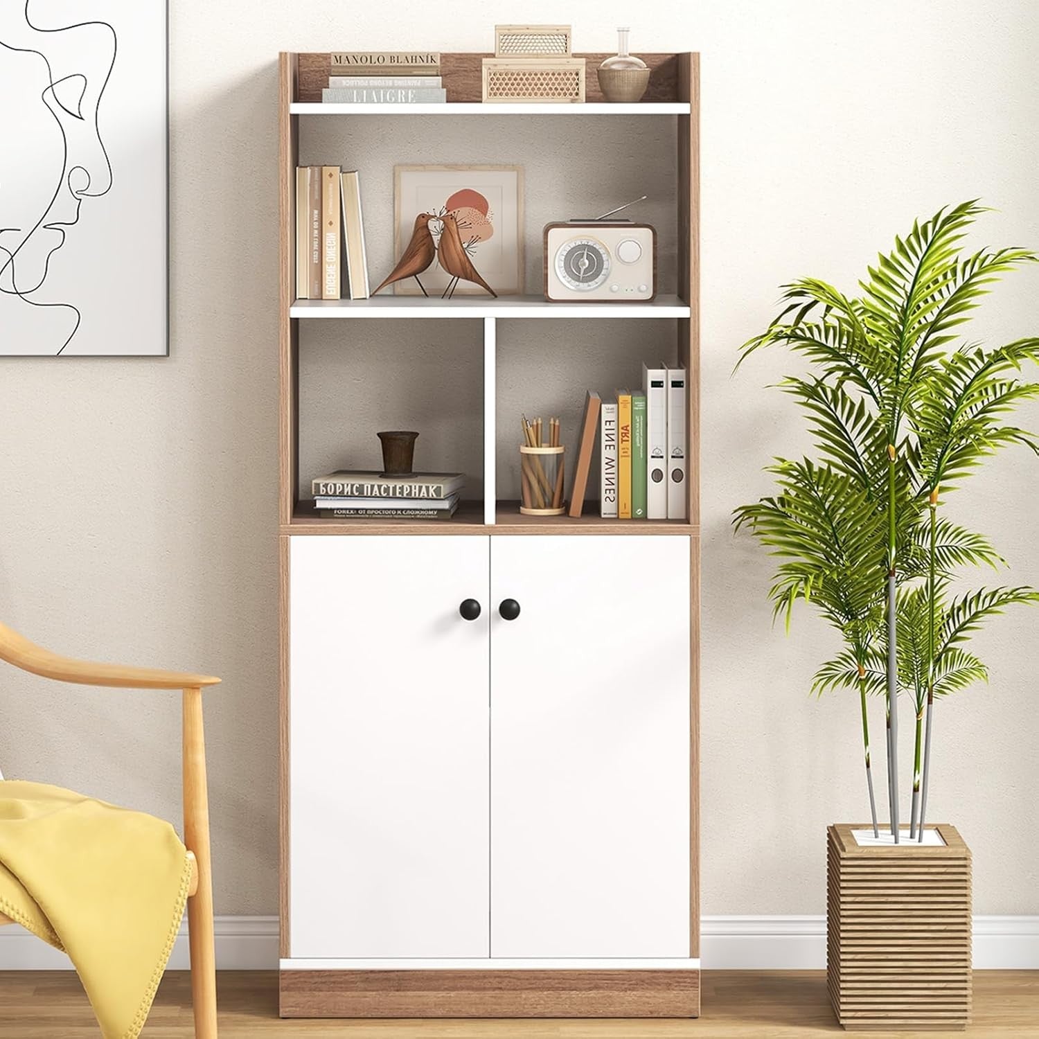 Wooden 4-Tier Bookcase with Cabinet, Freestanding Storage Shelf Unit 140cm Tall