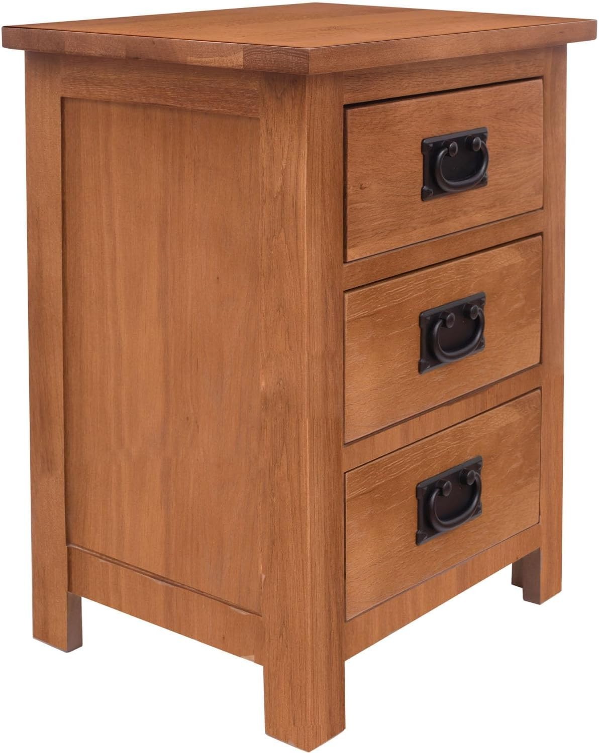 Solid Oak Bedside Table with 3 Drawers – Rustic Wooden Nightstand