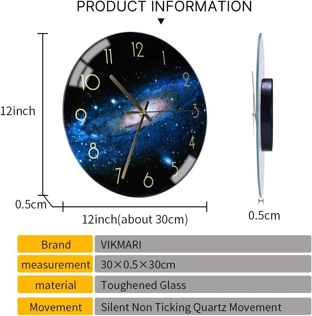 12" Night Sky Glass Wall Clock Silent Non-Ticking Modern Galaxy Decor