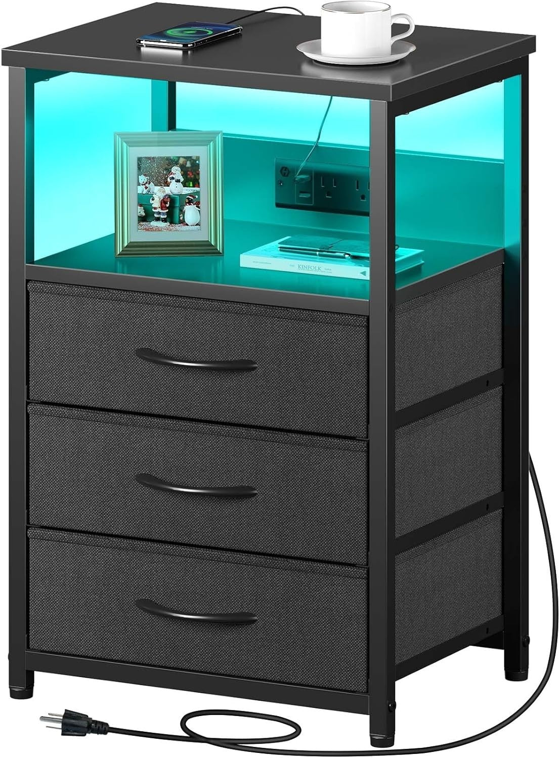 Set of 2 Black LED Bedside Tables with USB Charging | 3-Drawer Nightstands