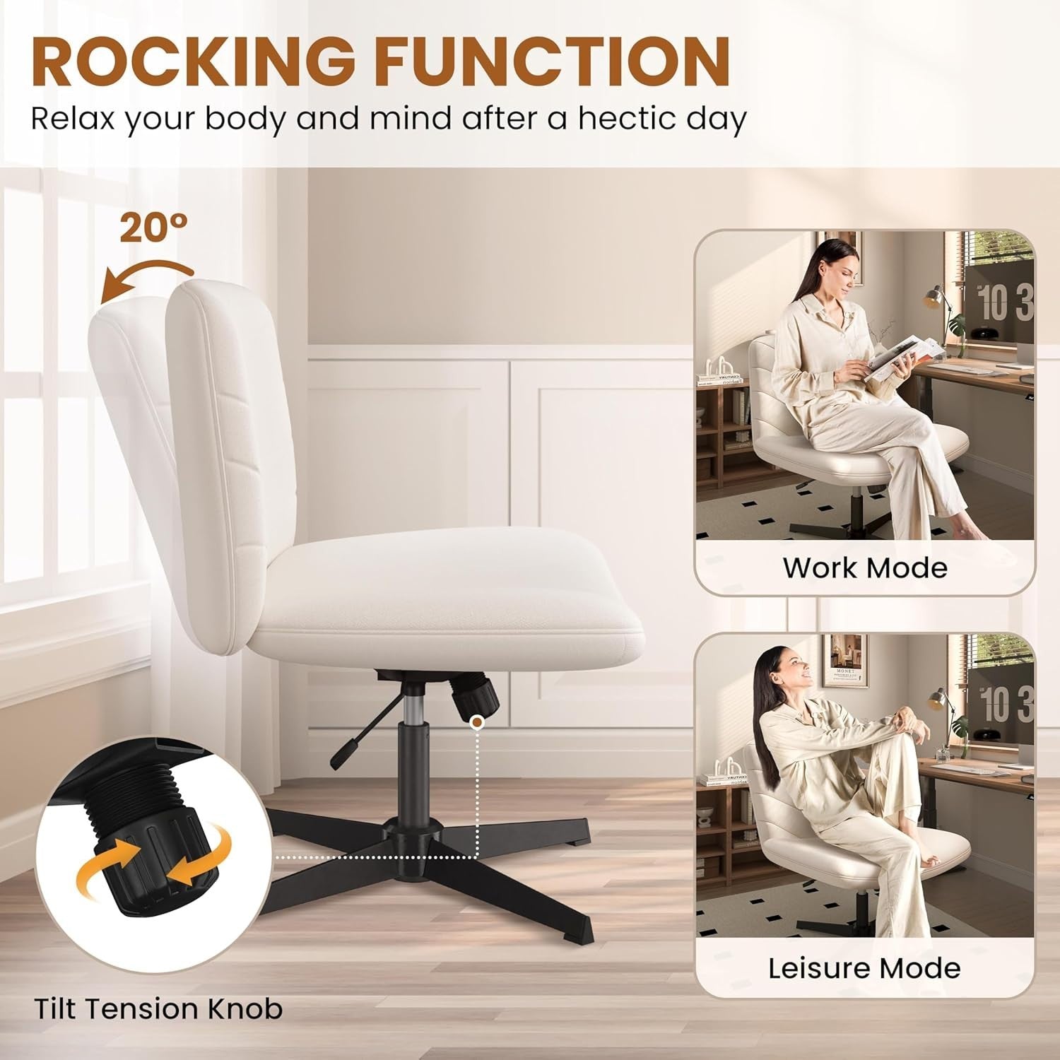Office Chair Armless Desk Task Adjustable Height Swivel Study Home Beige