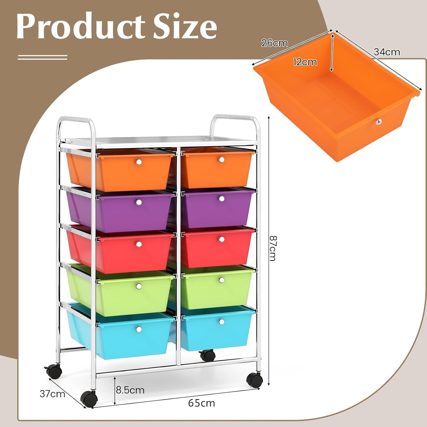 10 Drawer Multicolor Storage Cart Rolling Utility Organizer with Wheels