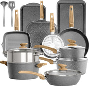 17pcs Granite Non-Stick Cookware Set Induction Pots & Pans with Lids Grey