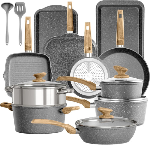 17pcs Granite Non-Stick Cookware Set Induction Pots & Pans with Lids Grey