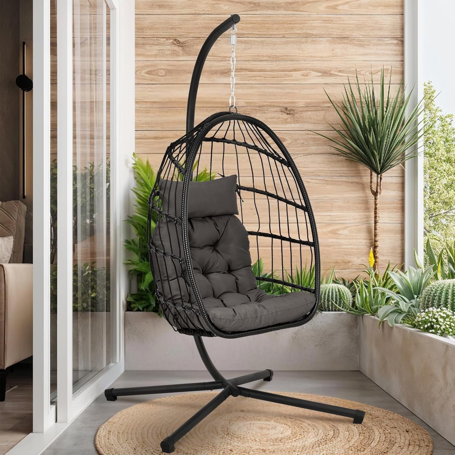 Hanging Egg Chair with Stand Indoor Outdoor Rattan Swing Seat Cushion