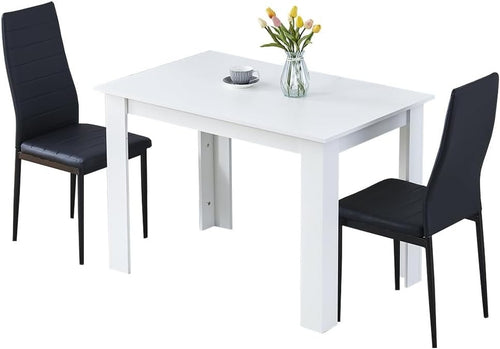 Modern White Dining Table Set 2 Leather Chairs Kitchen Room 110cm