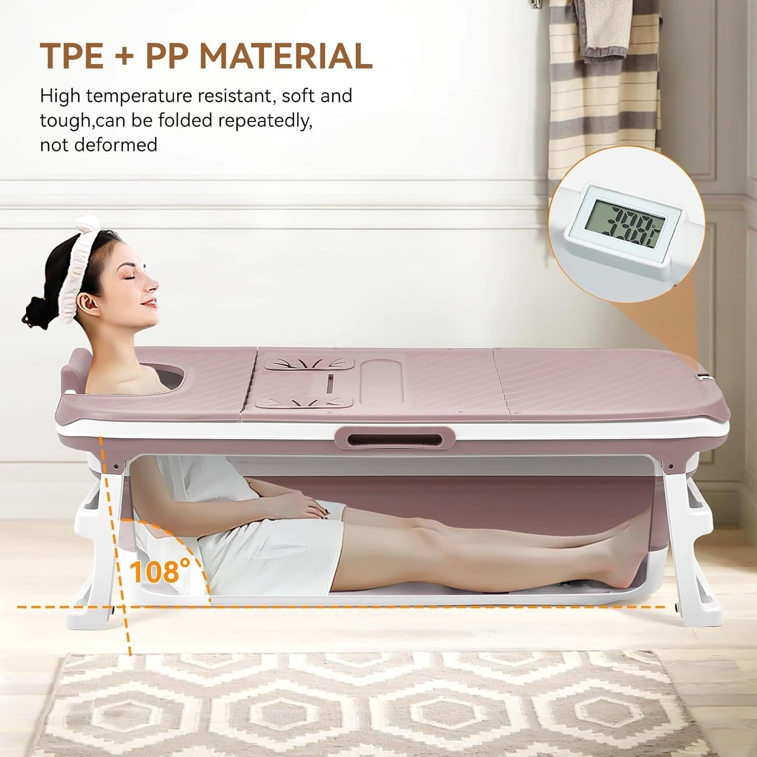 Portable Foldable Adult Bathtub 153x54x61cm Pink Spa & Steam Bath with Lid