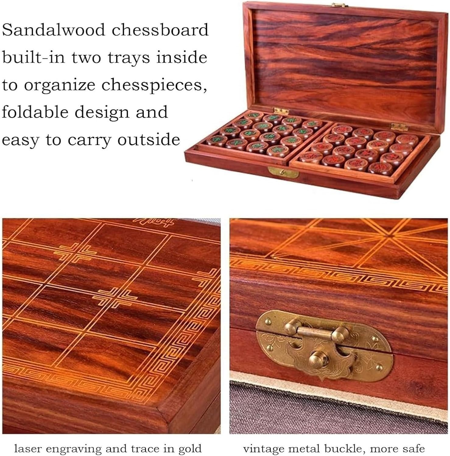 Sandalwood Xiangqi Travel Chess Set Foldable Board 2 Player