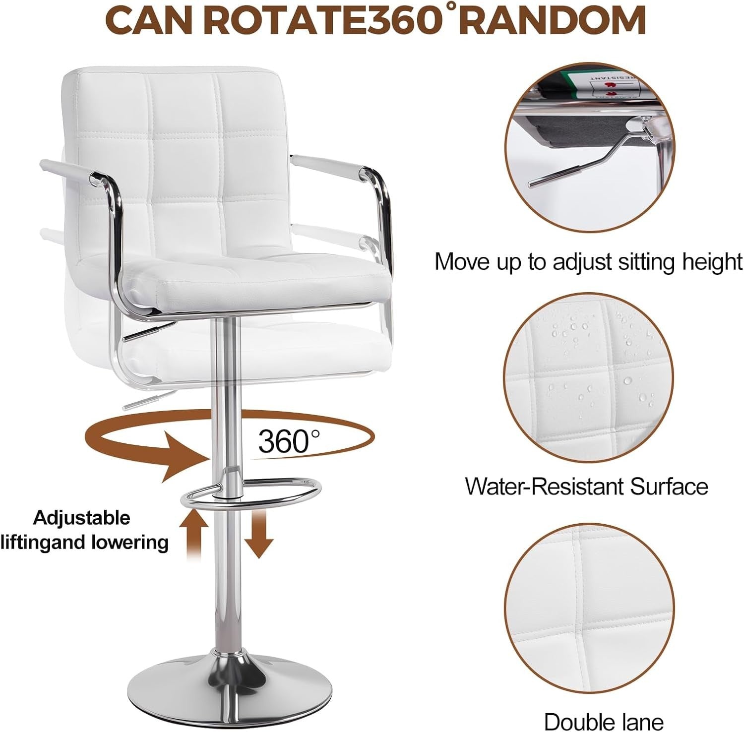 White PU Leather Bar Stool Adjustable Height 360° Swivel with Armrest