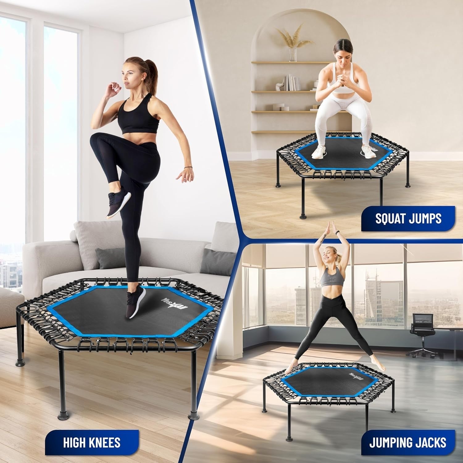 48in Hexagonal Fitness Rebounder Trampoline Silent Bungee 350lb