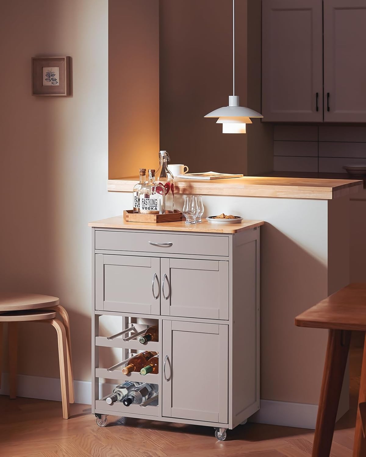 Kitchen Trolley Storage Cart with Wine Rack Drawer Wooden Top on Wheels