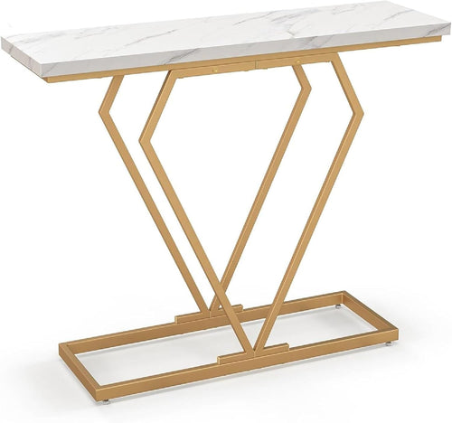 Narrow Console Table 100cm Marble Top with Gold Geometric Frame - Slim