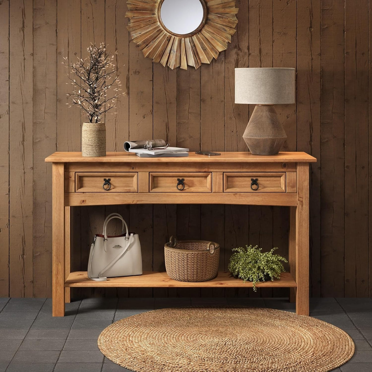Solid Pine Wood Console Table with 3 Drawers & Shelf – Rustic Storage, Durable