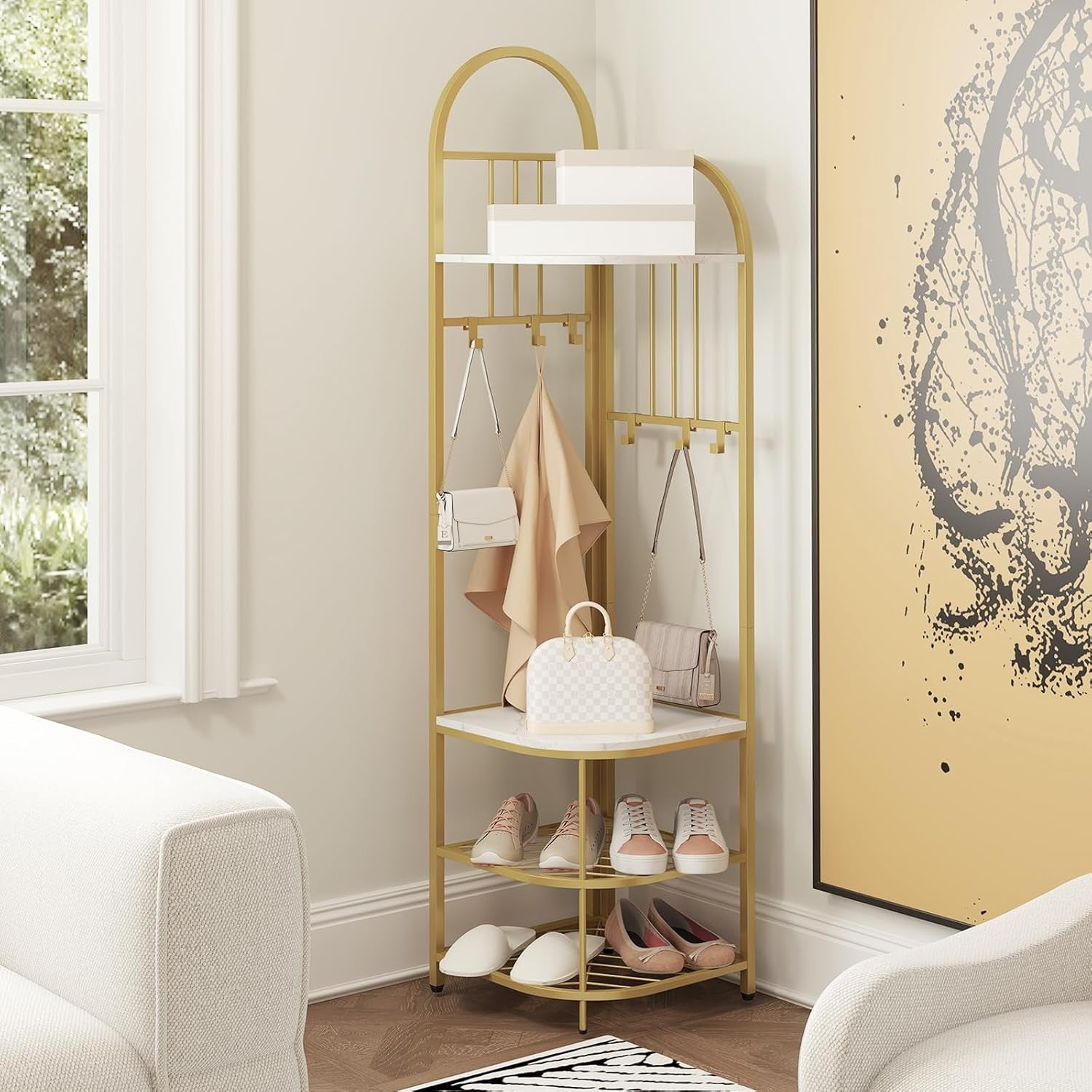 White Gold Corner Coat Rack 4-Tier Hall Tree with Shoe Bench & 6 Hooks