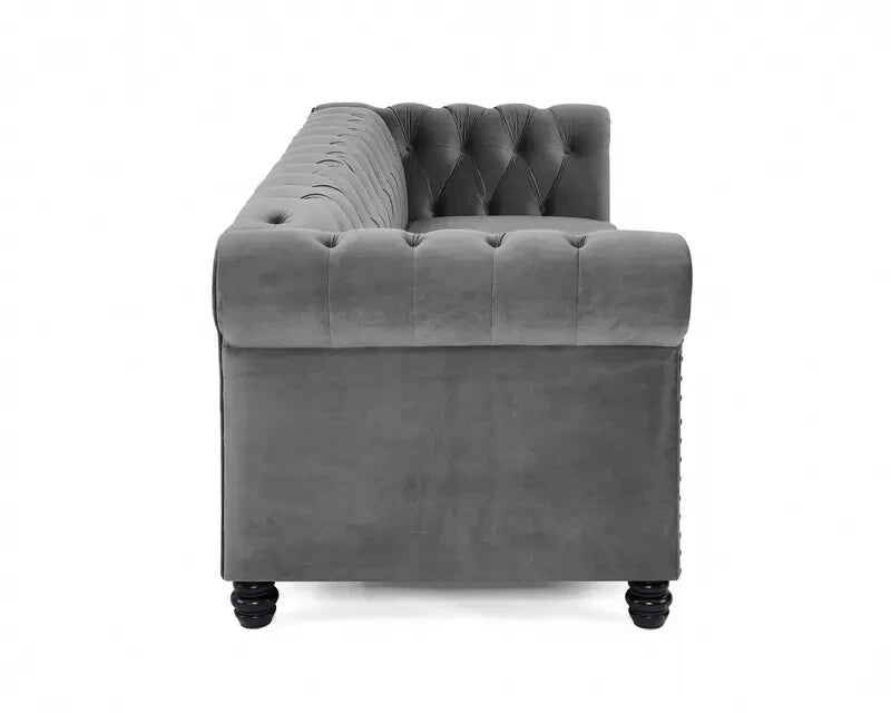3 Seater Grey Chesterfield Sofa | Velvet Scroll Arms Stud Detail Sofa UK