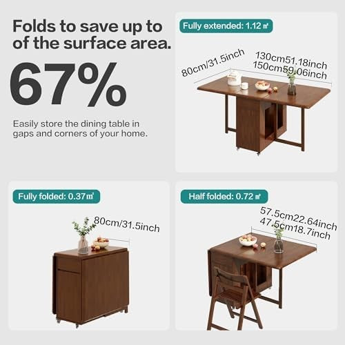 Foldable Solid Wood Dining Table on Wheels 150cm Extending Space Saving Walnut