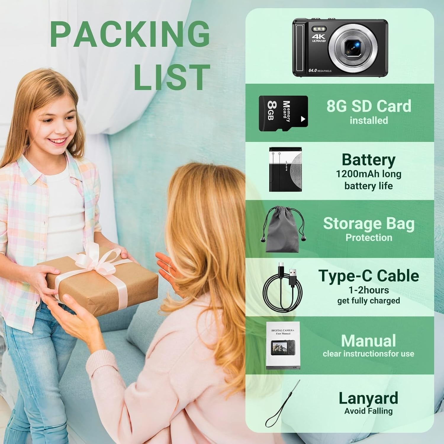 4K 64MP Digital Camera Autofocus Vlogging Camera w/ SD Card