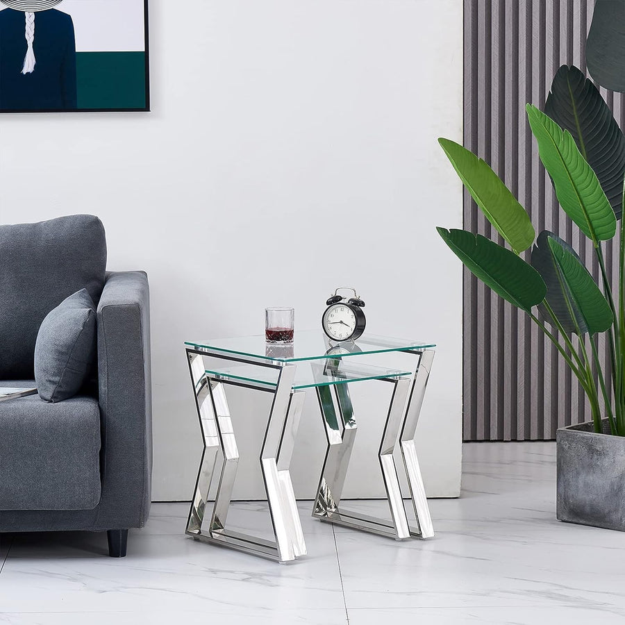 Space Saving Glass Nesting Coffee Table Set End Side Living Room Metal Frame