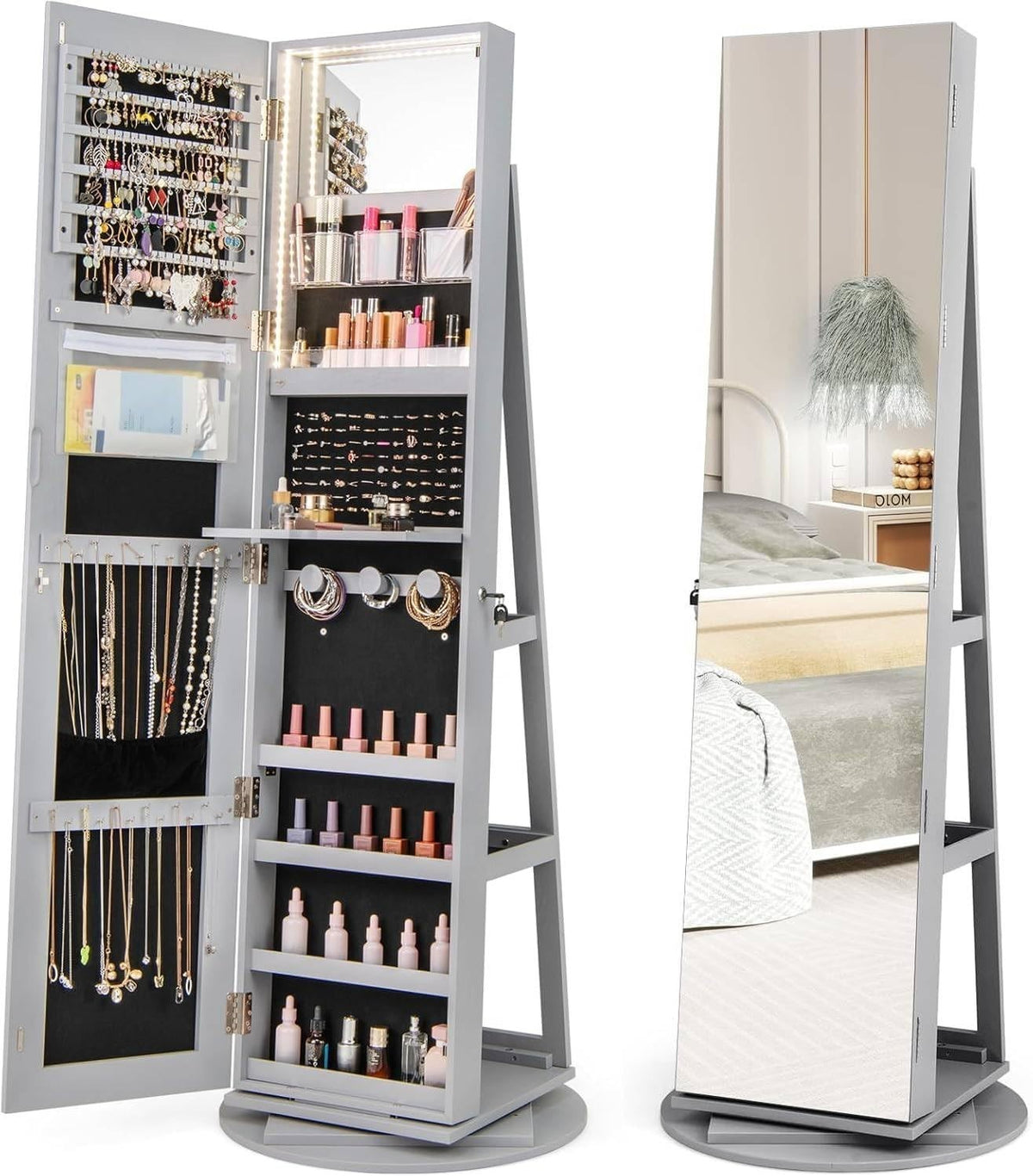Grey 360° Swivel LED Jewelry Cabinet Mirror Lockable 3-Color Storage