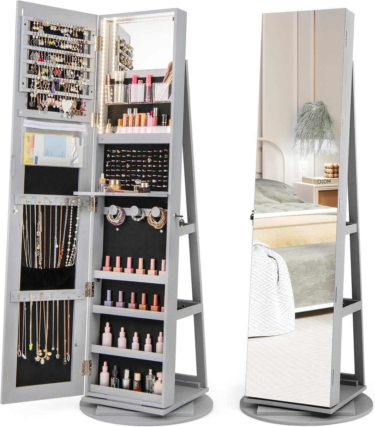 Grey 360° Swivel LED Jewelry Cabinet Mirror Lockable 3-Color Storage