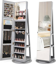 Grey 360° Swivel LED Jewelry Cabinet Mirror Lockable 3-Color Storage