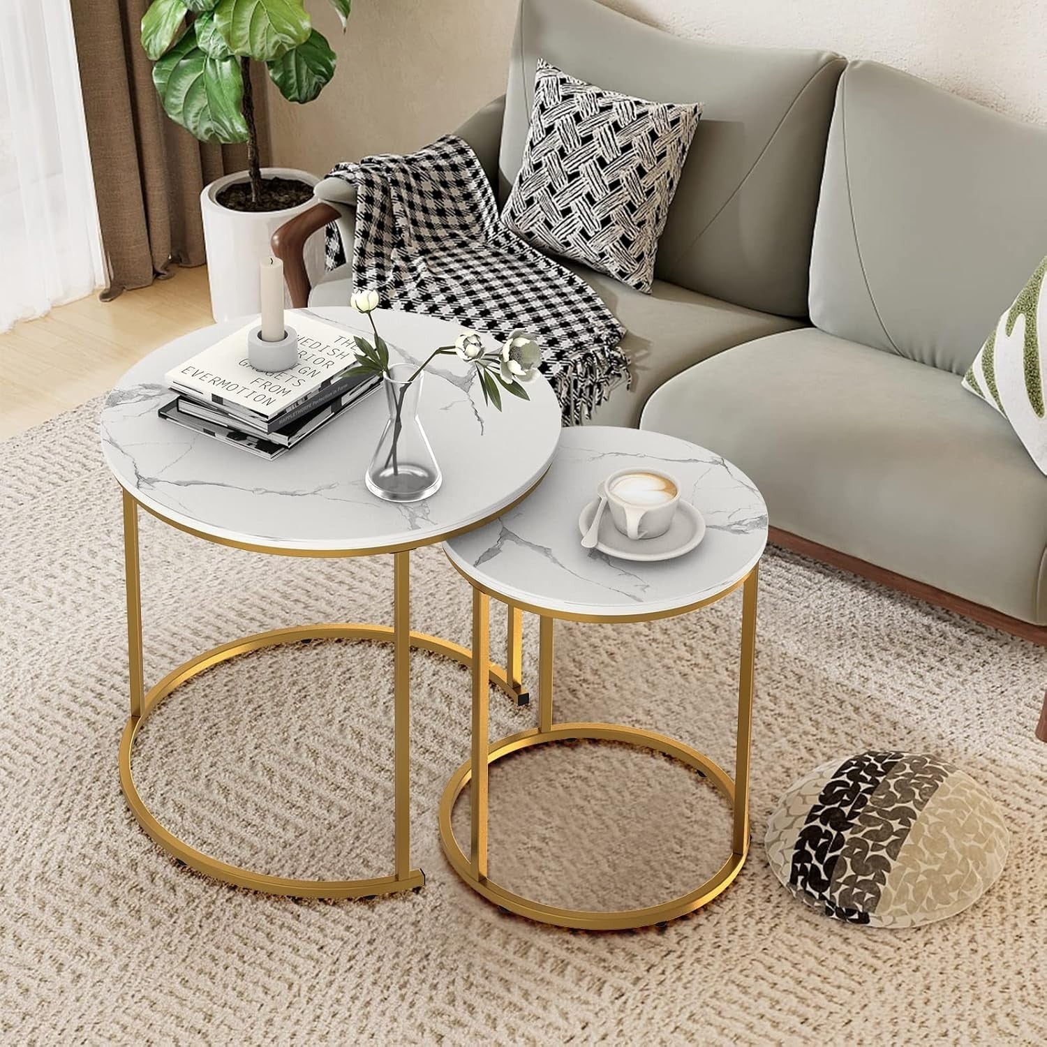 Gold Faux Marble Nesting Coffee Table Set 2 Round End Side Tables Storage