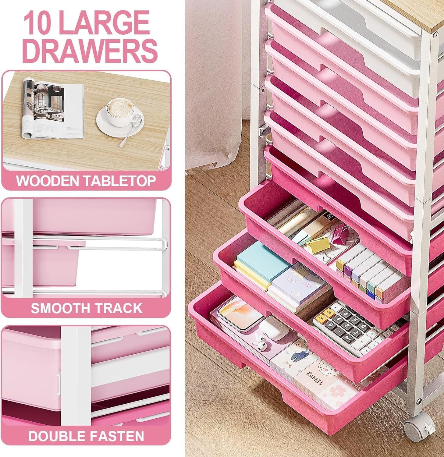 10 Drawer Storage Trolley Pink Craft Organizer Cart with Wheels