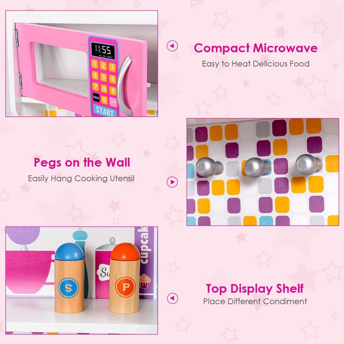 Kids Wooden Play Kitchen Pink w/ Microwave Stove Sink Toy Set