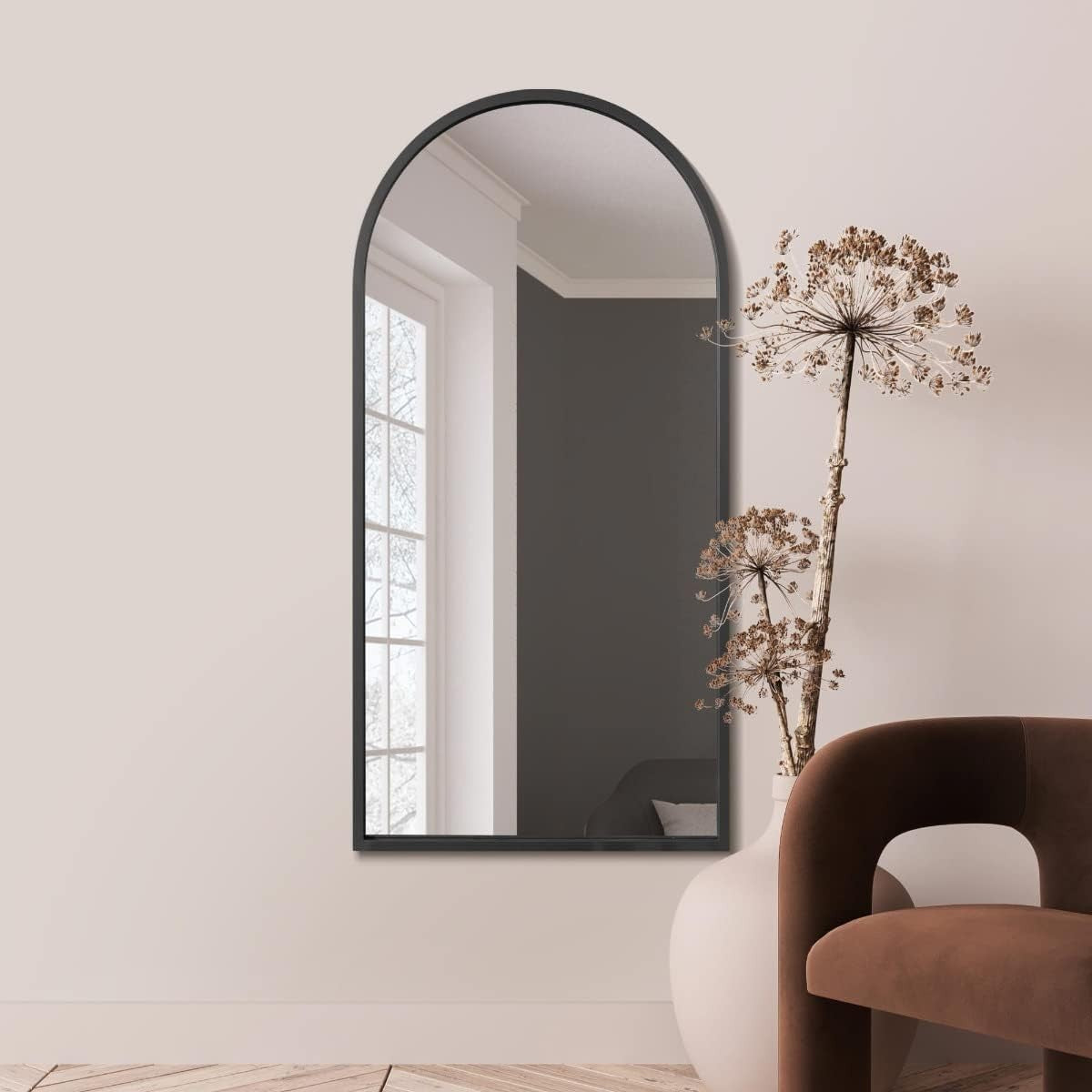Modern Black Metal Arched Wall Mirror 140x70cm Leaner & Wall Mount