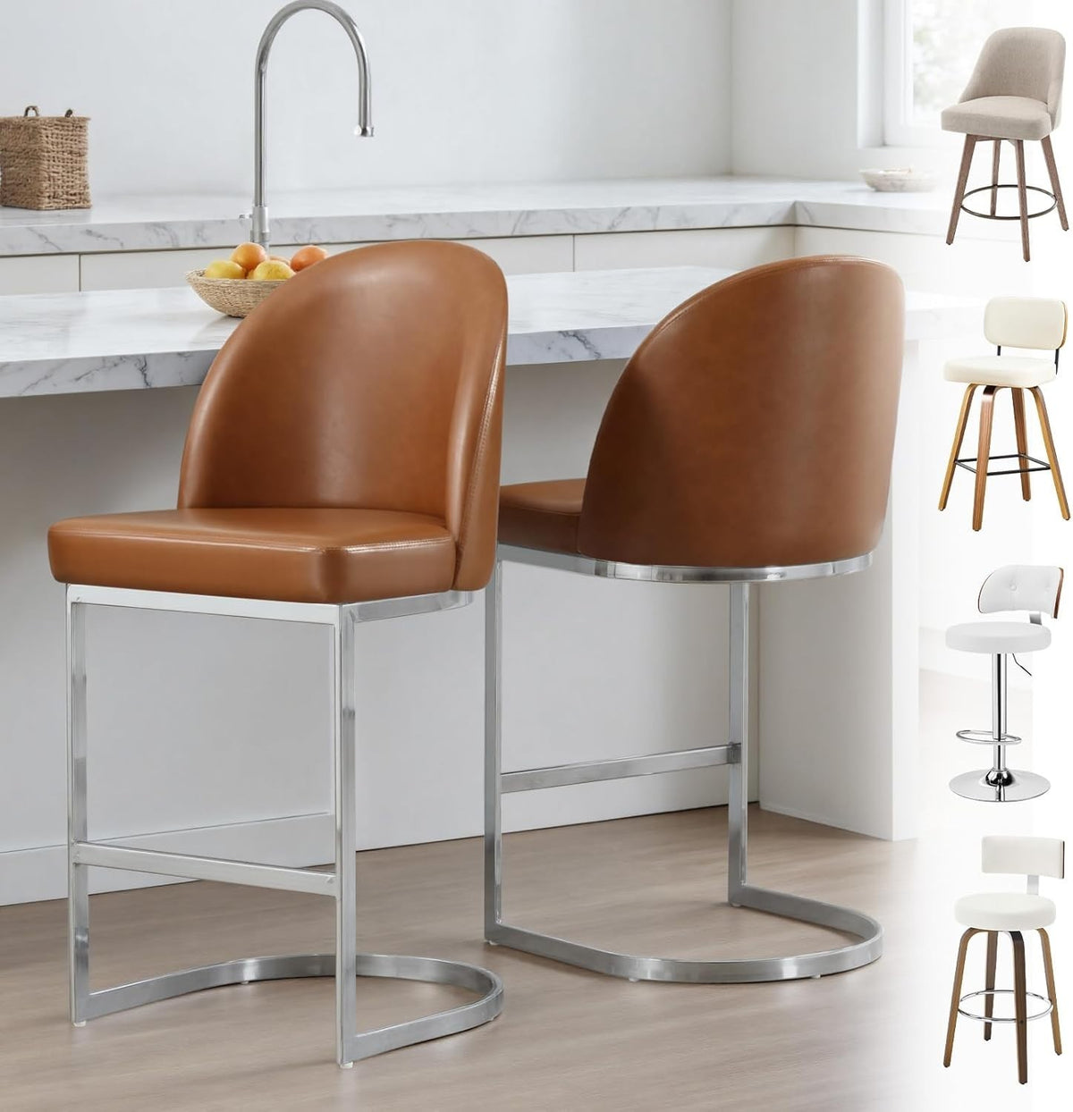 Set of 2 Brown Counter Height Bar Stools PU Leather Swivel Chairs