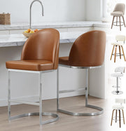 Set of 2 Brown Counter Height Bar Stools PU Leather Swivel Chairs