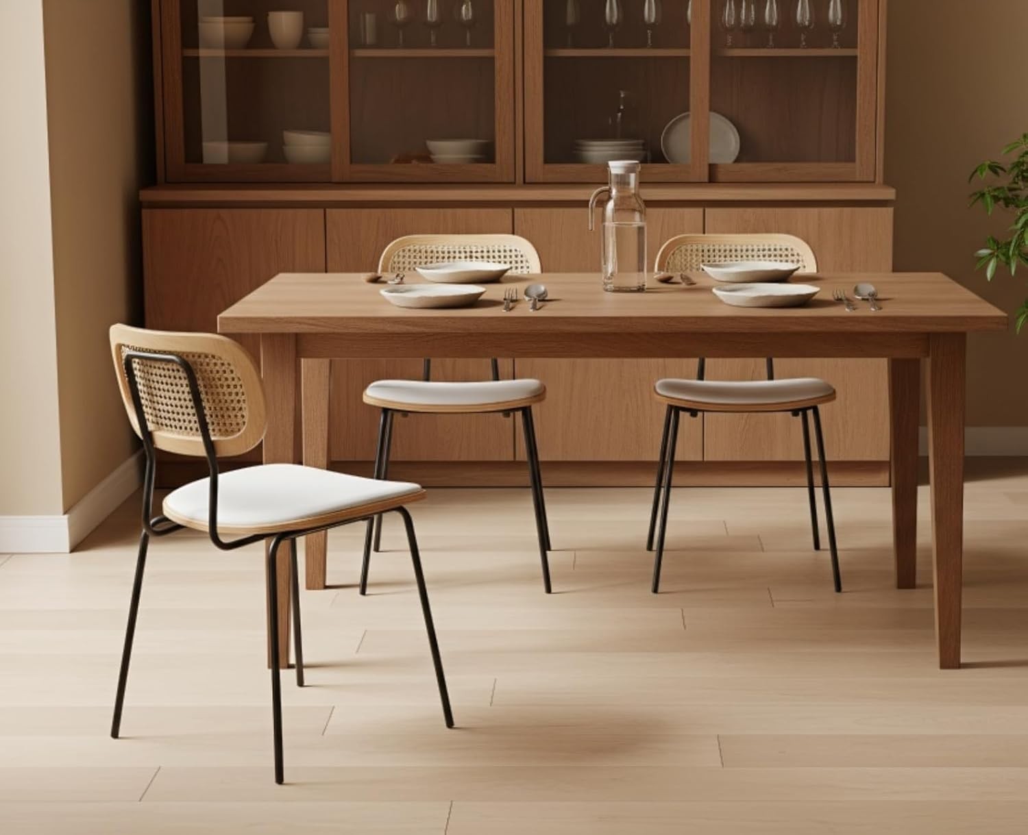 White Rattan Dining Chairs Set of 2 Metal Legs Modern Kitchen Dining Seats