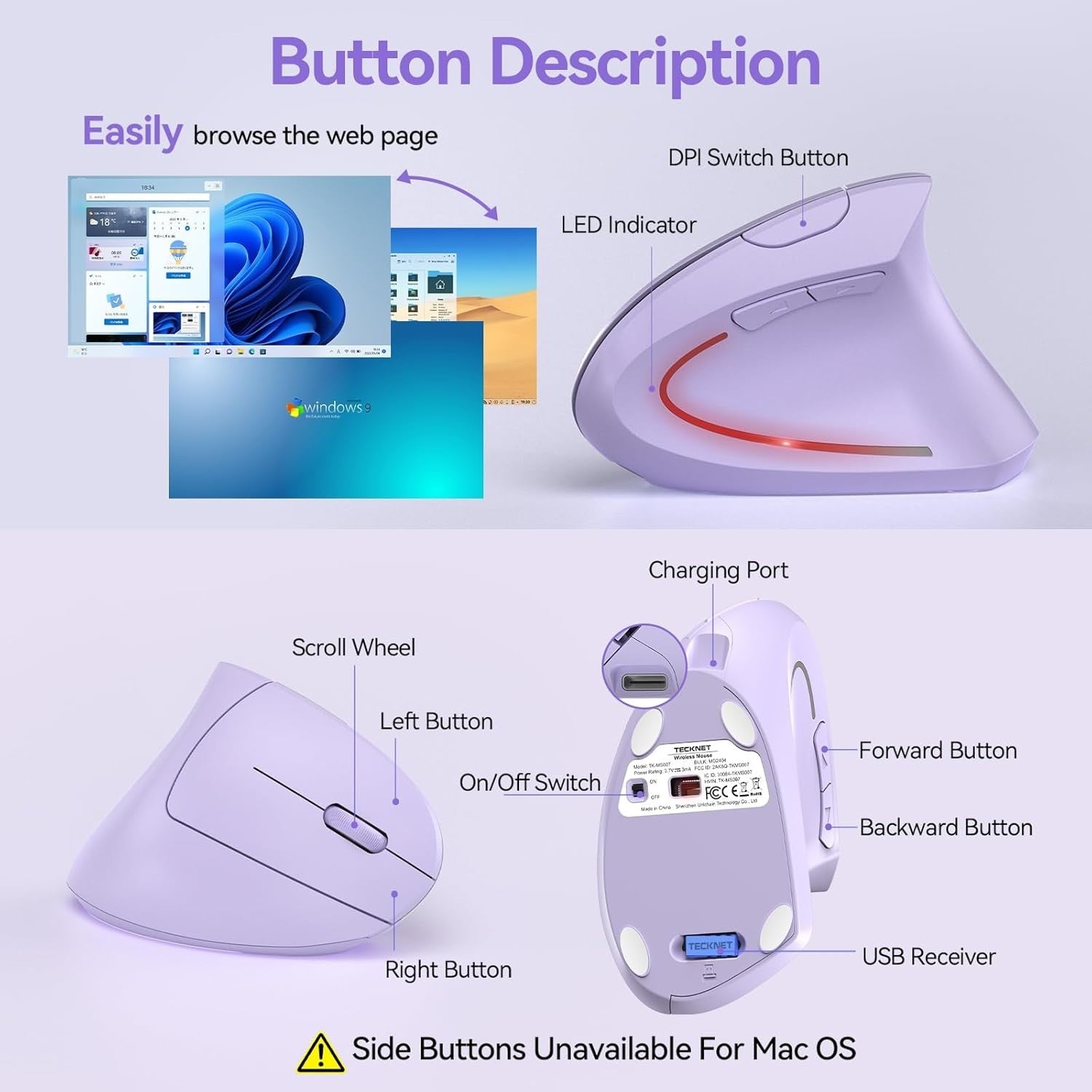Vertical Ergonomic Wireless Mouse 4800 DPI Rechargeable Silent USB
