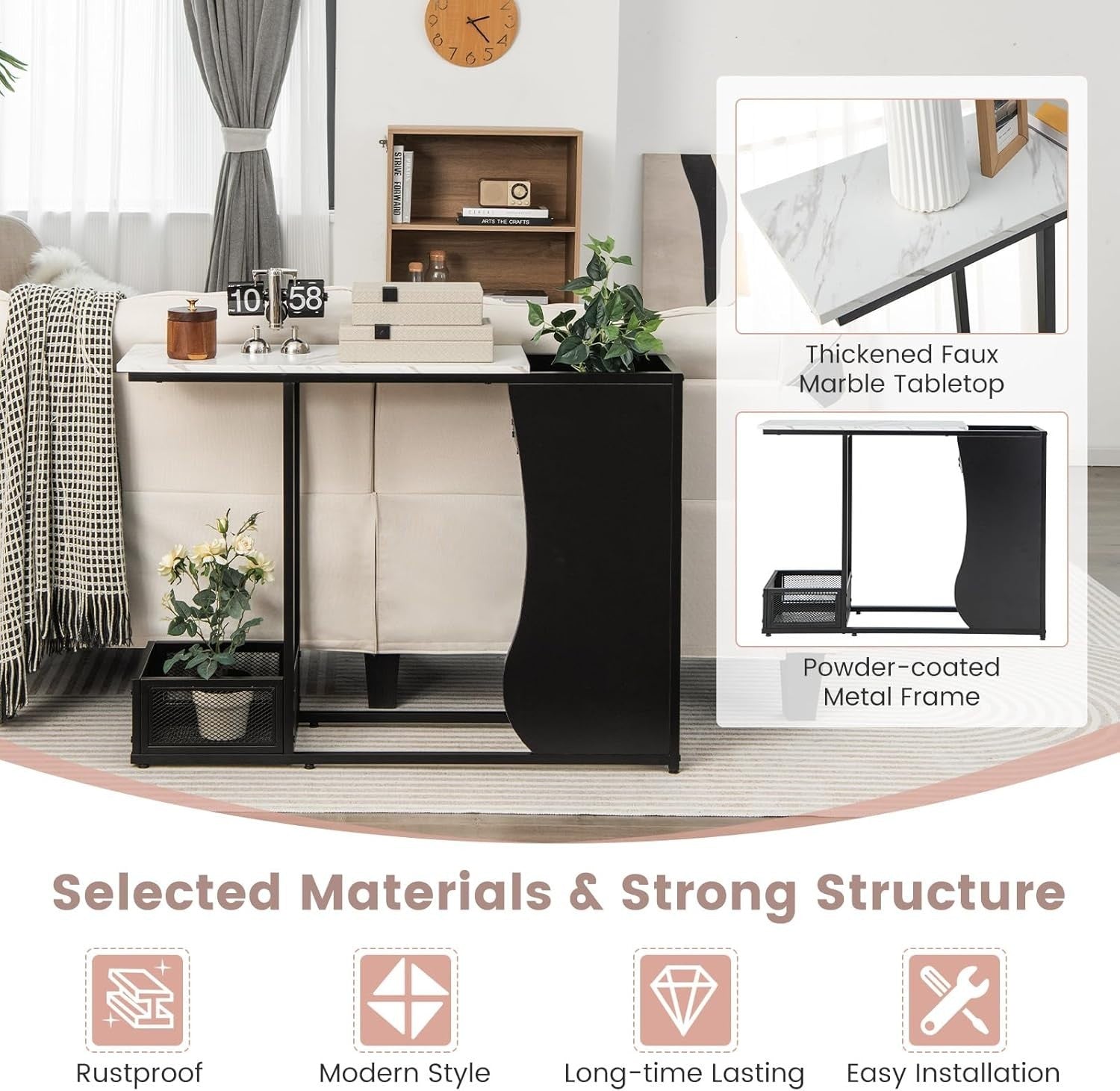 Modern Faux Marble Console Table with Storage Mesh Cubes, Slim Design