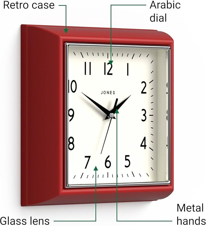 Red Retro Square Wall Clock 25cm Silent Quartz Easy Read Modern Kitchen Office