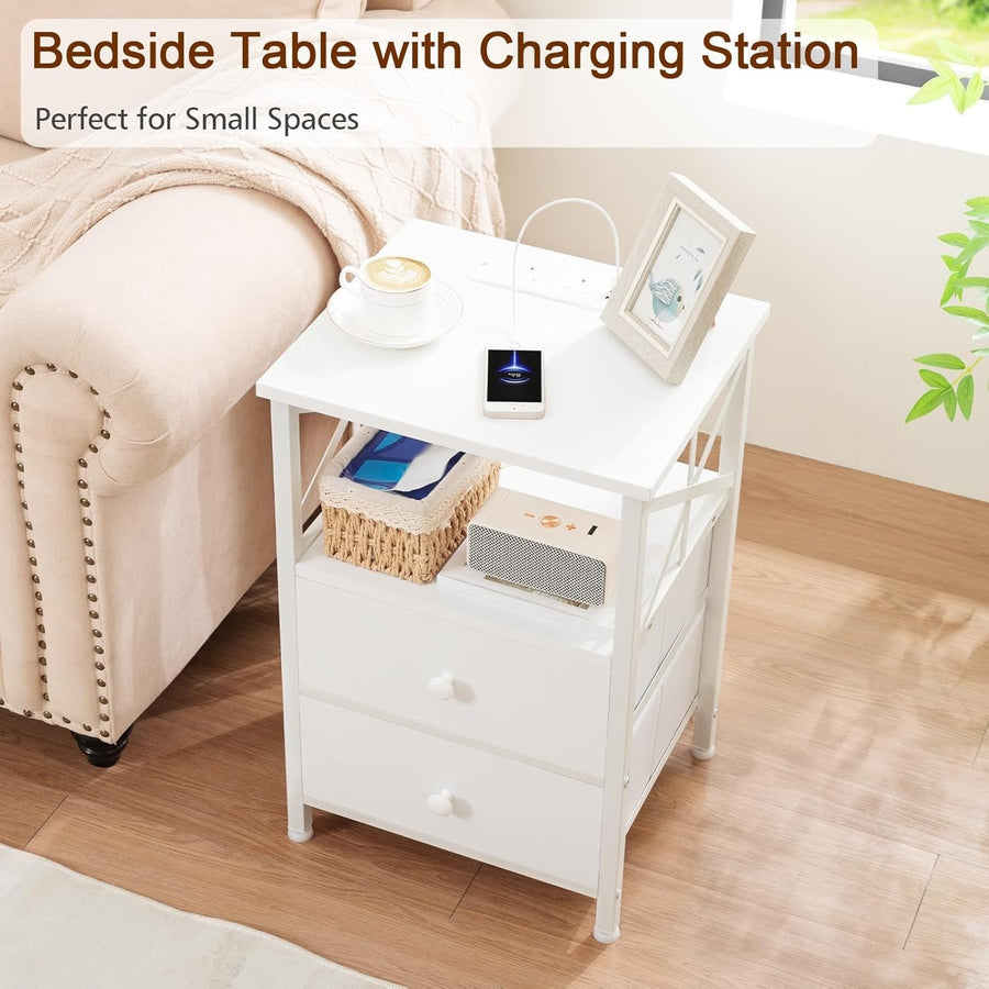Set of 2 White Bedside Tables with USB Ports & Fabric Drawers