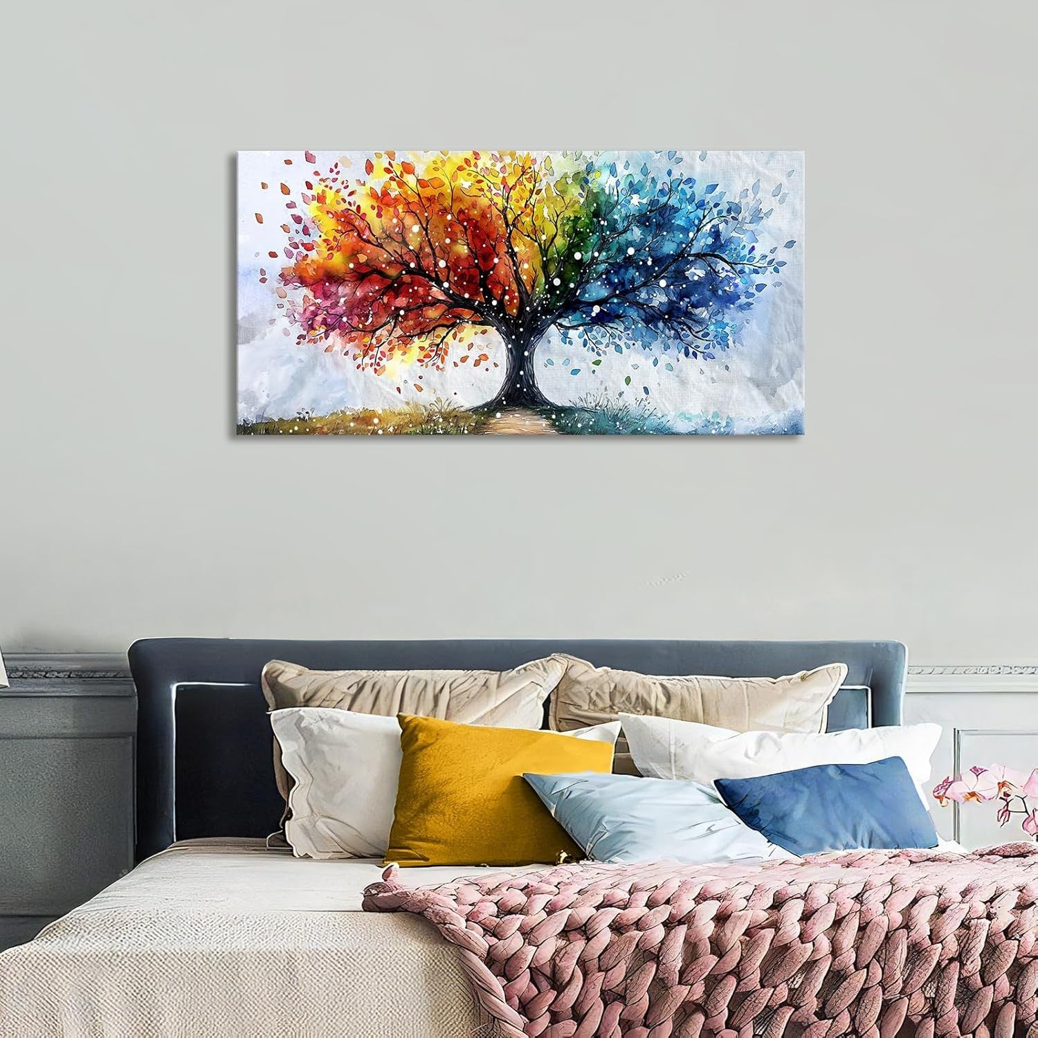 Large Colourful Tree Canvas Wall Art 100x50cm Framed