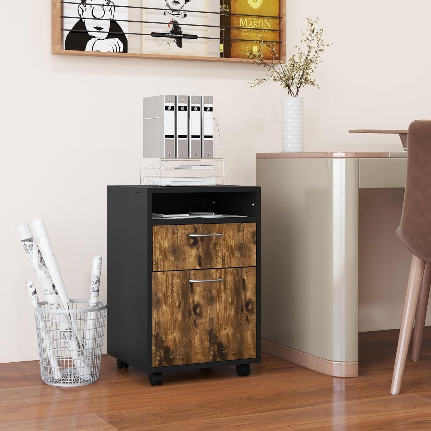 Rustic Brown Mobile Filing Cabinet with Wheels Drawer Storage for Home Office