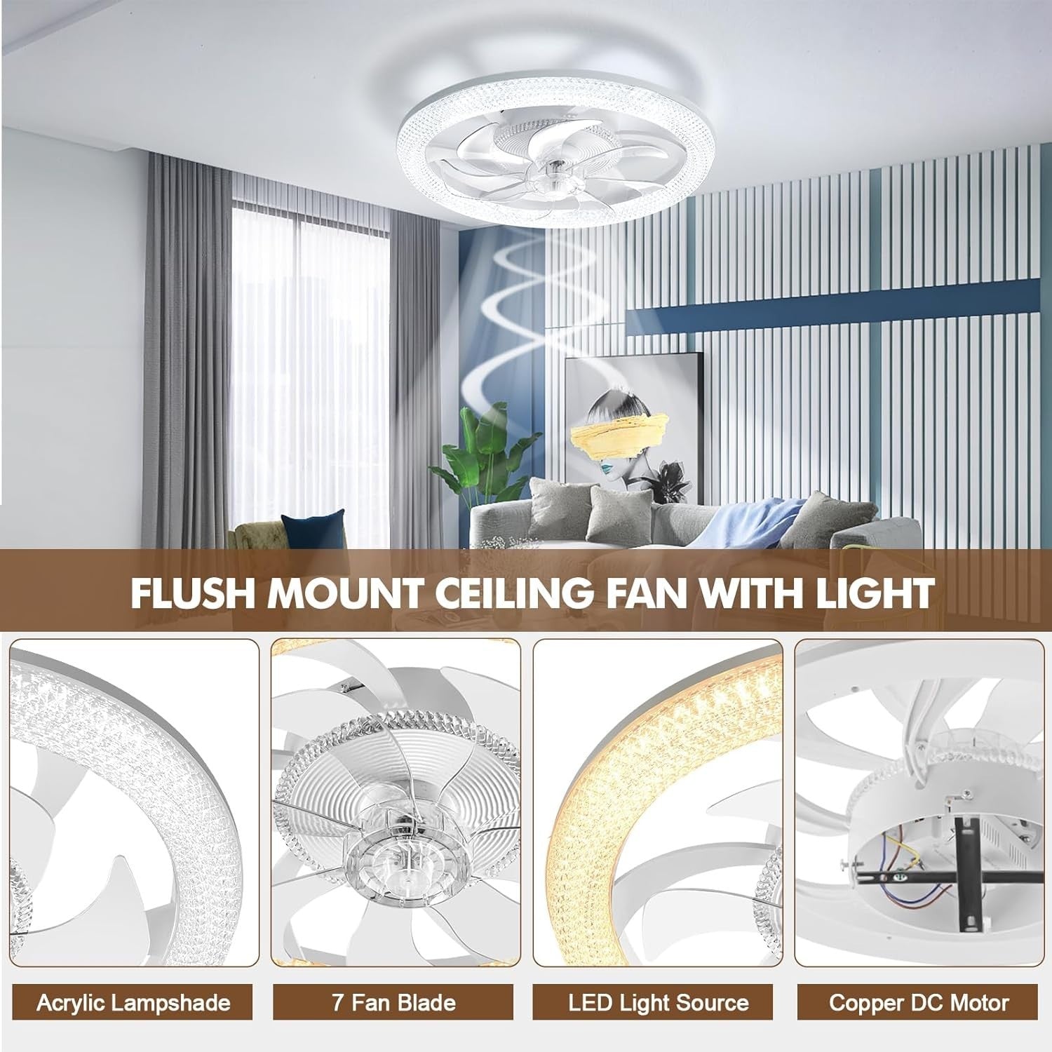 Modern 48CM Smart Ceiling Fan with LED Light, 6-Speed, Quiet, Dimmable