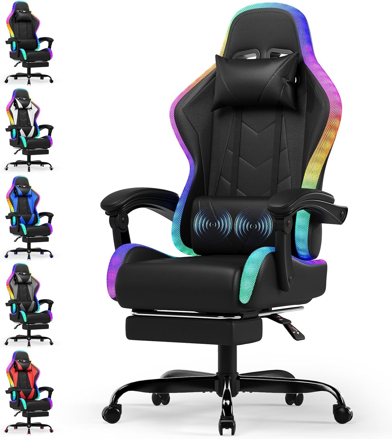 LED Gaming Chair w/ Footrest Massage Reclining RGB Black