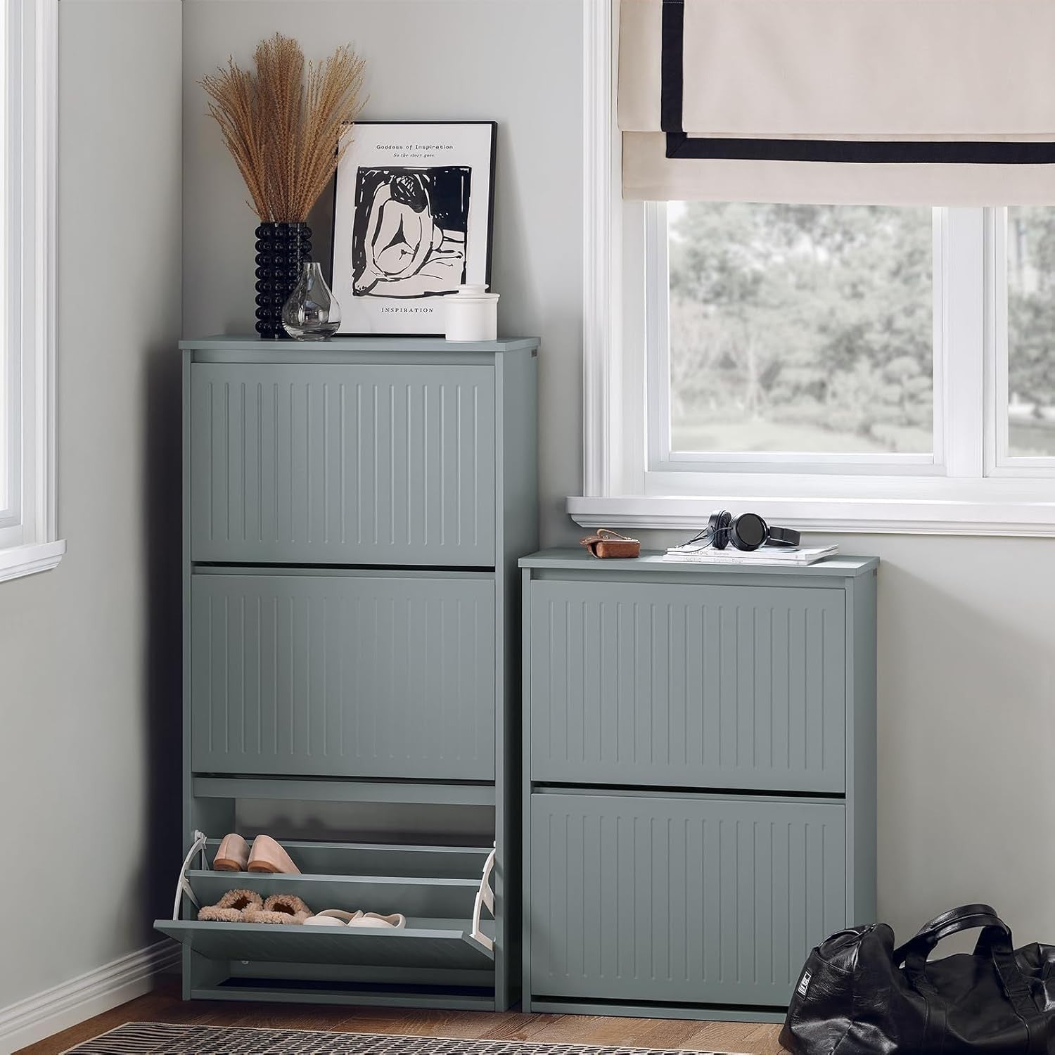 Tall Slim Shoe Cabinet with 3 Flip Drawers – Grey Hallway Storage Unit