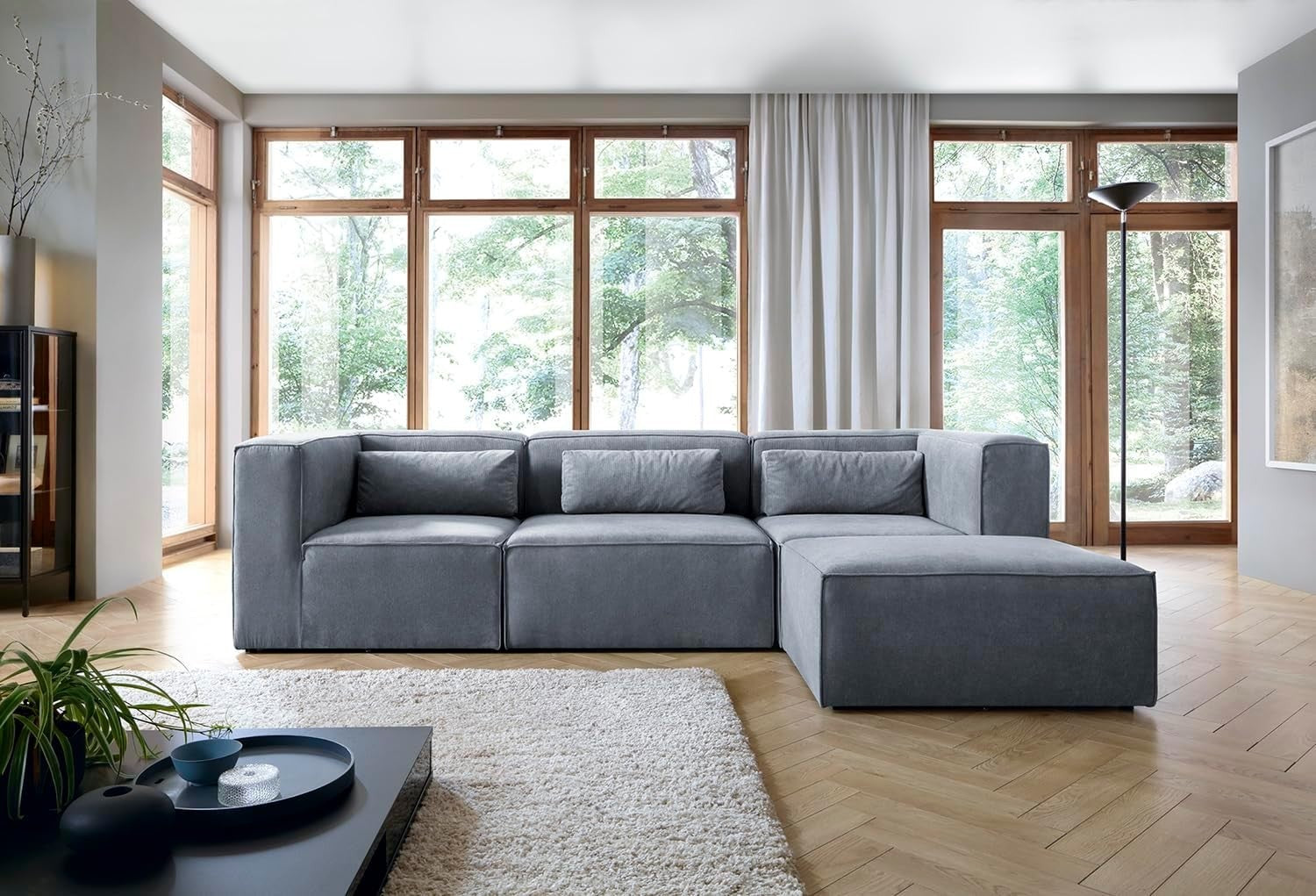 Dark Grey Corner Sofa 4 Seater | L Shape Modular Couch with Soft Chenille