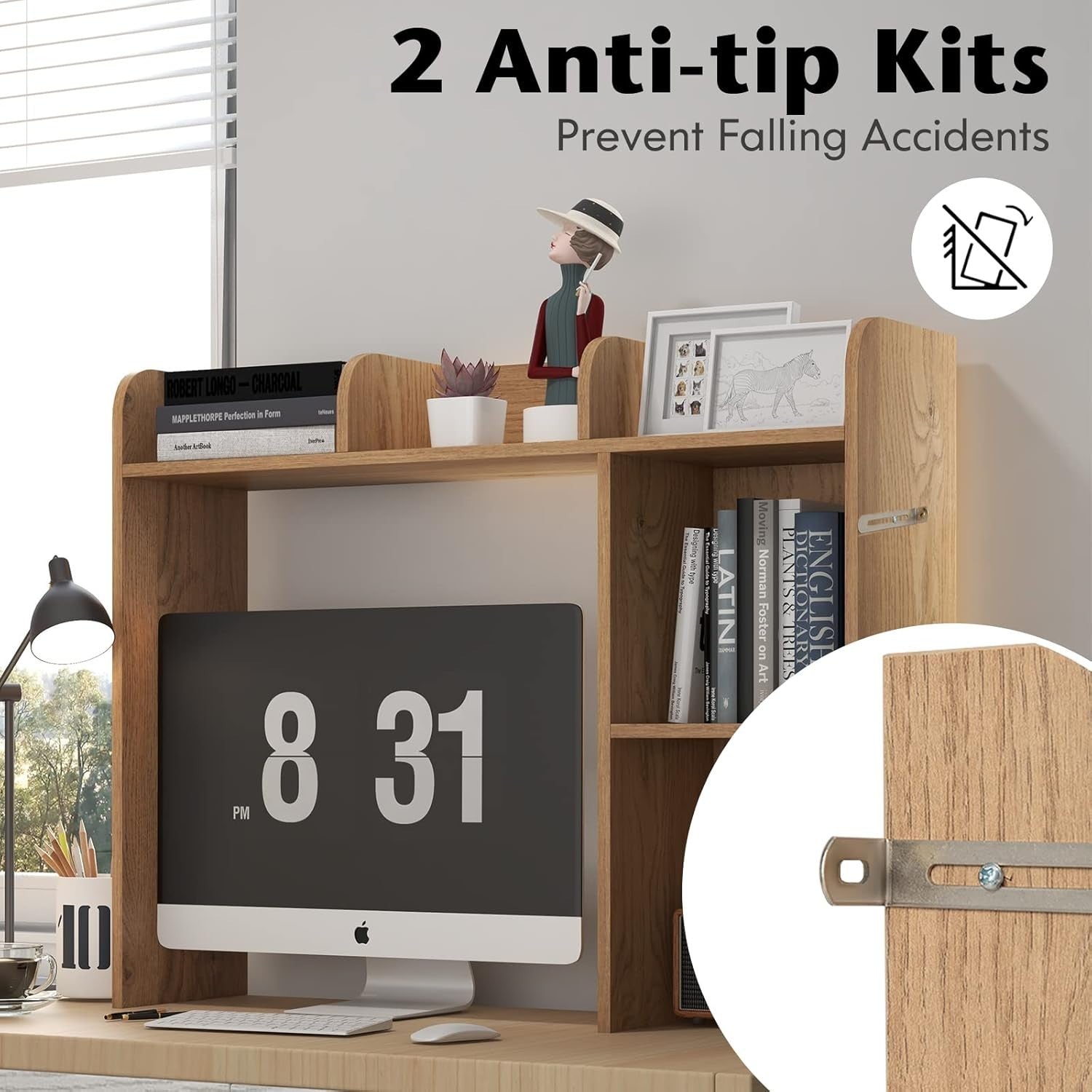 Natural Wood 4-Tier Desktop Bookshelf 94cm Desk Hutch Organiser