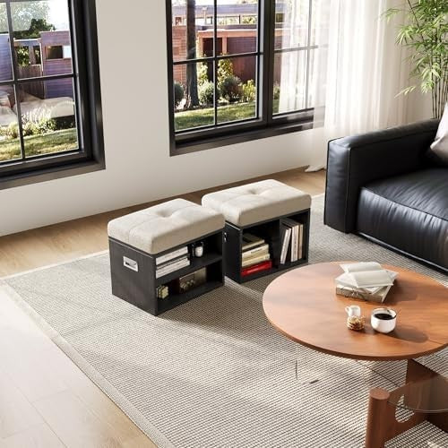 2-Piece Shoe Bench Cushioned Seat 2-Tier Storage Rack with Handles Black 100cm